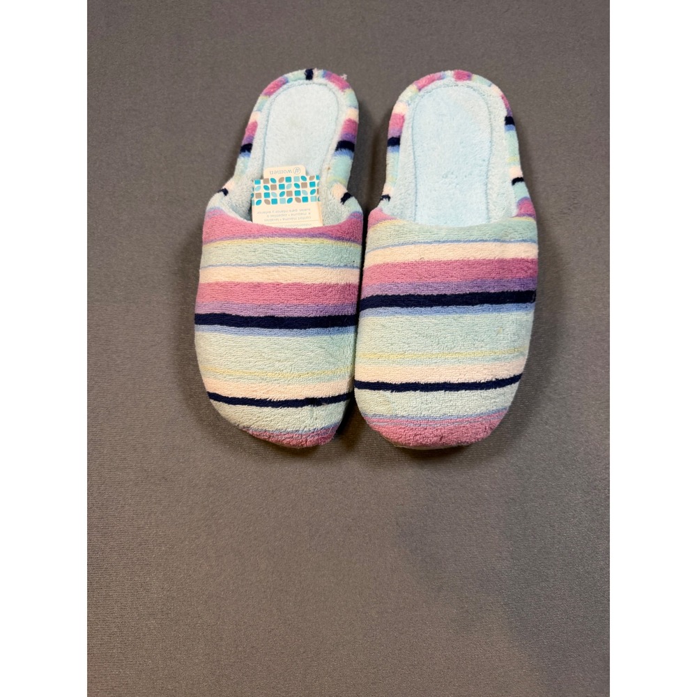 Dearfoams Women's Striped Plush Scuff Slippers Blue Pink Purple Large 9-10 DW450
